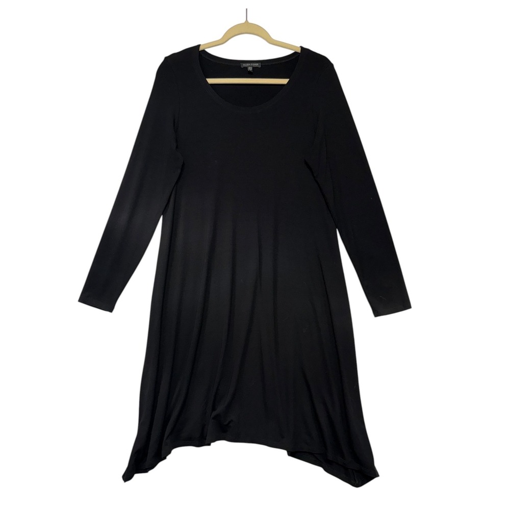 Eileen Fisher Black Long Sleeve Scoop Neck Swing Dress Handkerchief Hem Size M